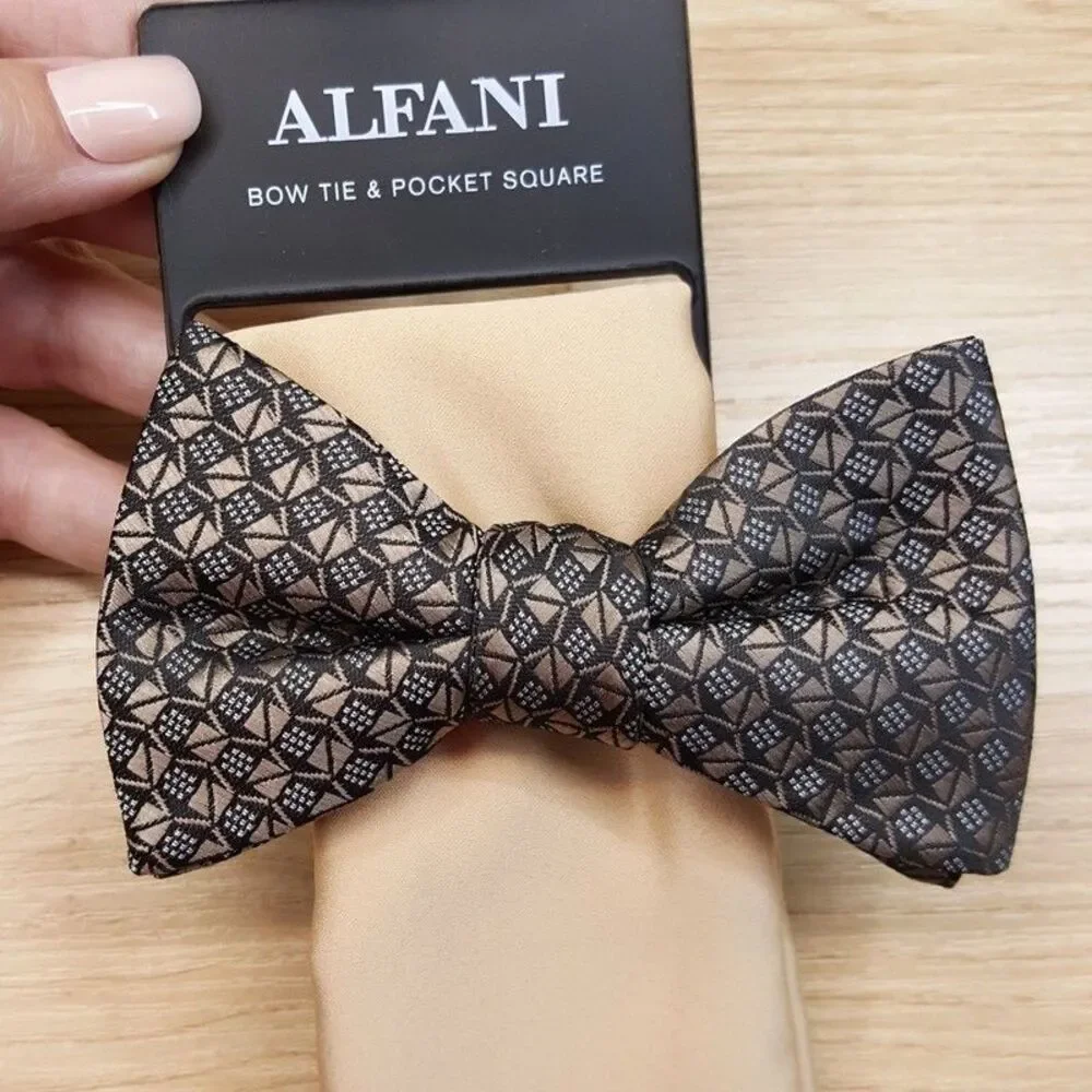 ALFANI Mens Bow Tie & Pocket Square Tan Geometric Satin Pre-Tied Art Deco